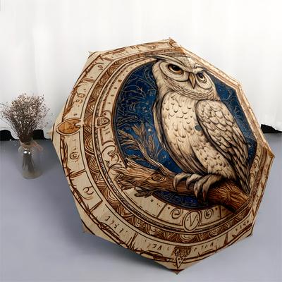 0106 Woodcarved Owl, Sheep, Ox & Raccoon Pattern, Automatic Folding Umbrella, Portable and Foldable Design, 8 Ribs, a Christmas or Birthday Gift.