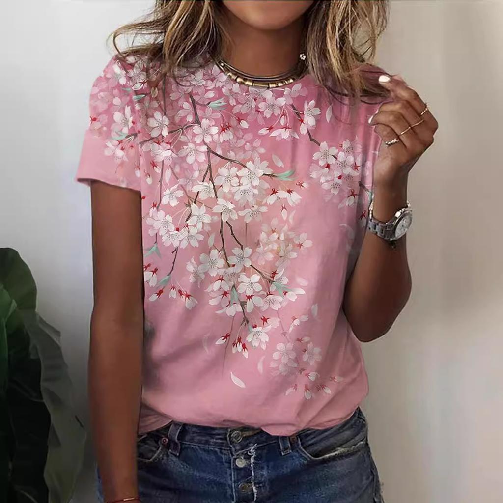 Sommer Rund Hals 3D Blomstermønster Trykt Topp Moteriktig Casual Kortermet Dame T-skjorter