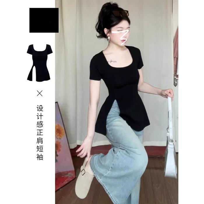 

Black u-neck short-sleeved t-shirt women s summer 2025 new design sense niche unique chic slim split top S чёрный