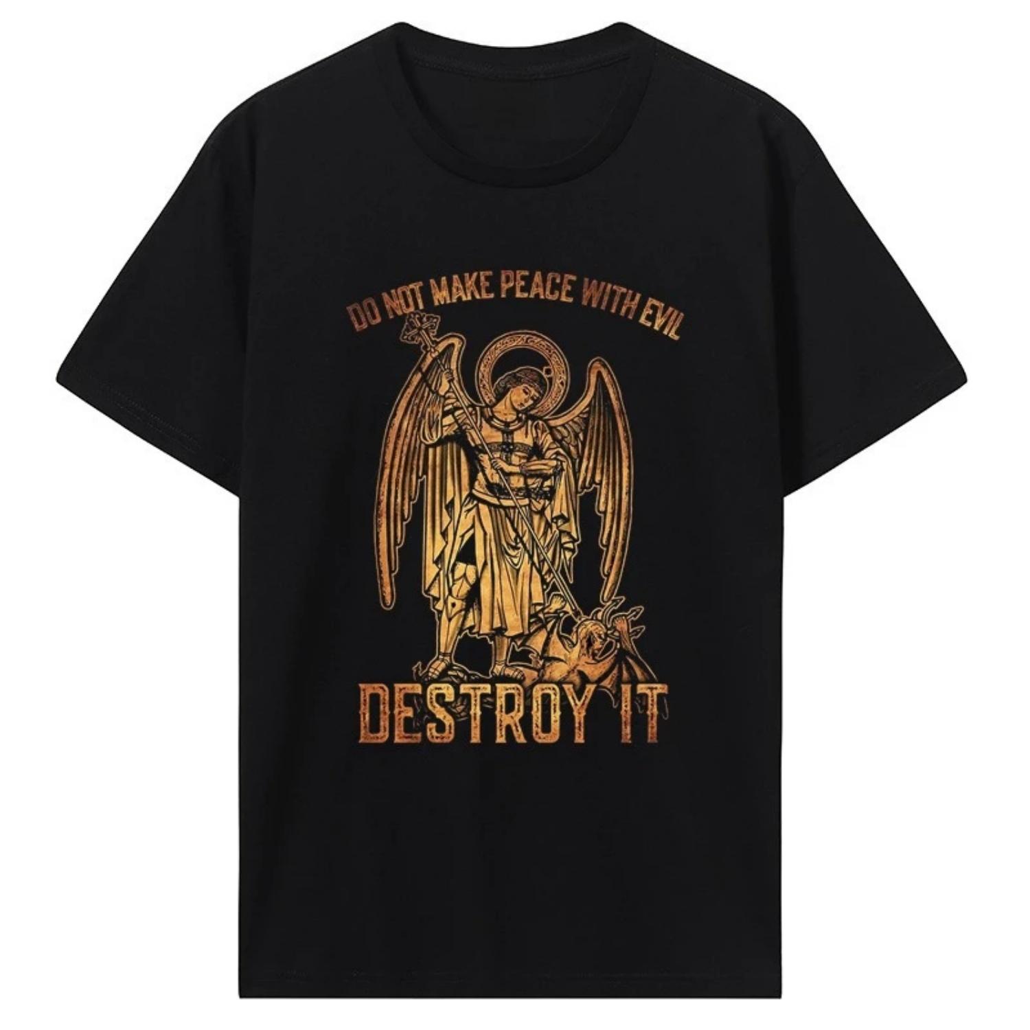 

Archangel Saint Michael Printed T-shirt_ Don t Reconcile with Evil; Destroy It Cotton T-shirt_ Casual and Comfortable Streetwear S разноцветный