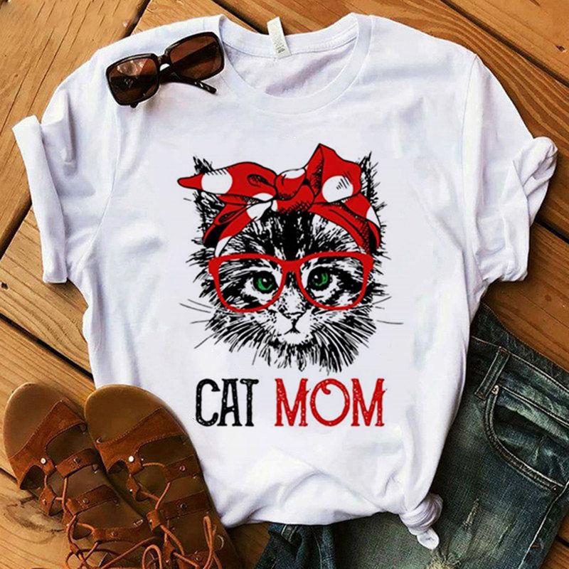 Casual Kawaii Animal Cartoon Cat Dog Graphic Womens T-Shirt 90S Summer Shirts Short Sleeve Loose White Blouse O-Neck Female Tops