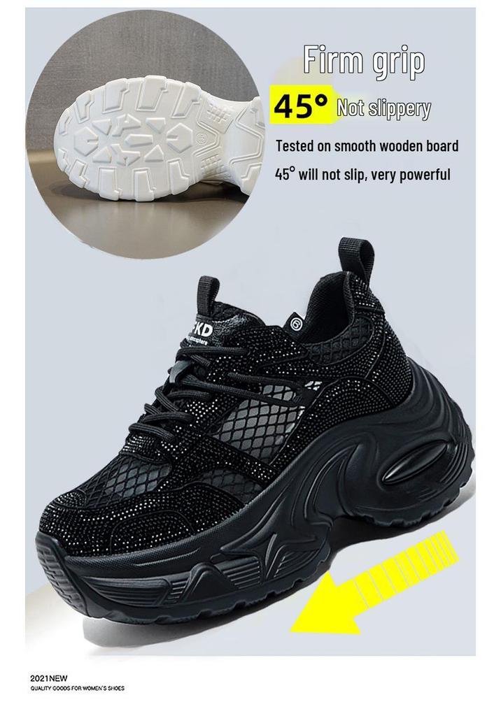 Women's Summer Rhinestone Mesh Dad Shoes - Thick-Soled, Breathable, Casual Sports, Size 34 Platform