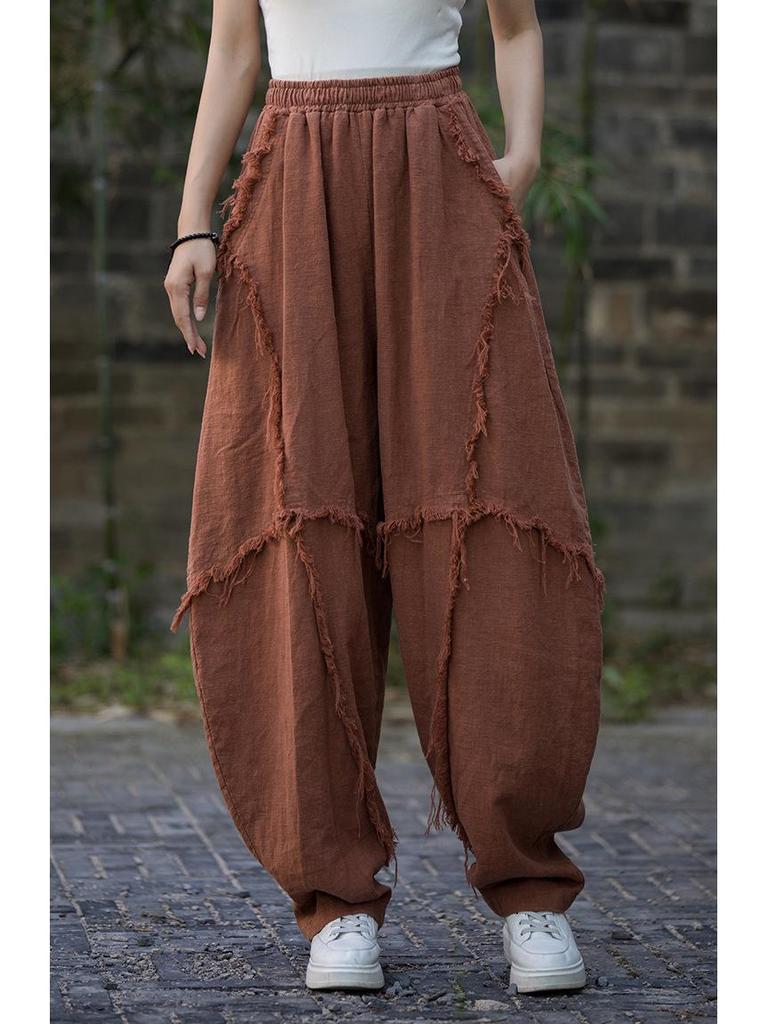 Spring Plus Size Ramie Brushed Lantern Pants, Casual Cotton-Linen Distressed Style for Women