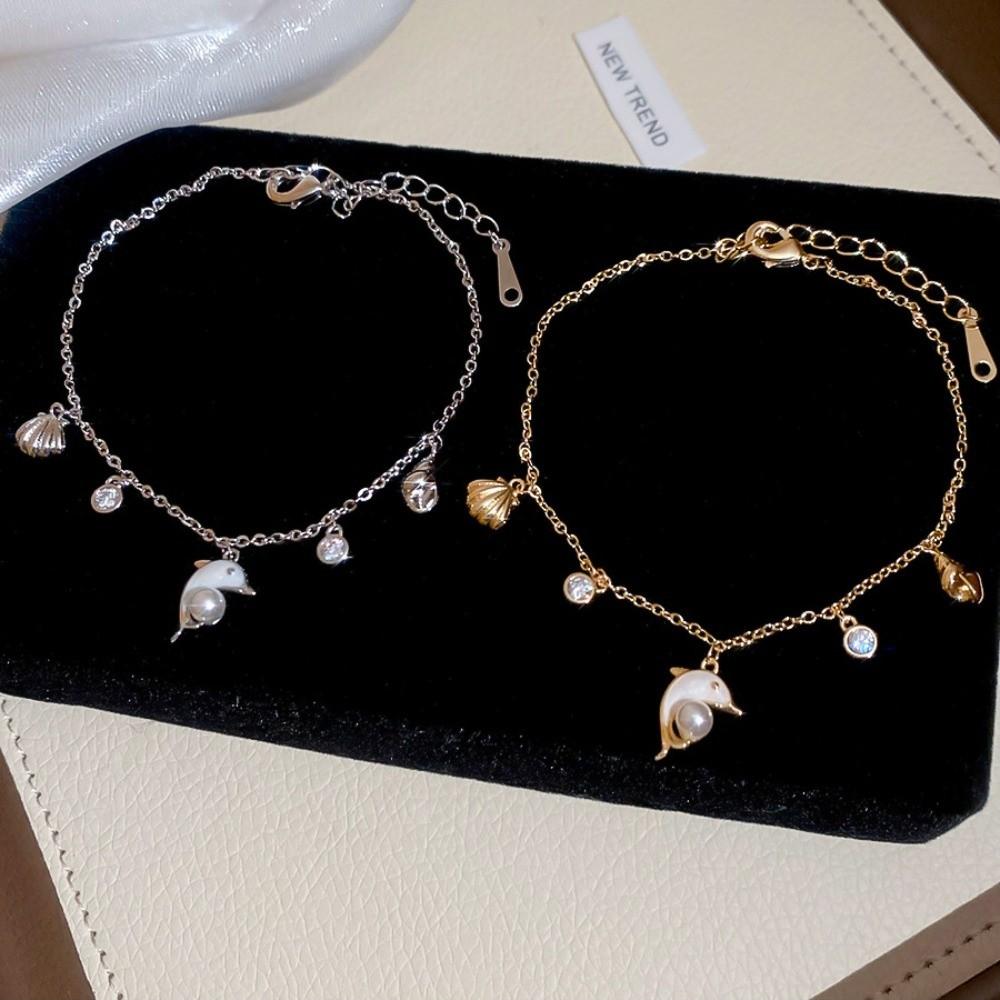 Sea Series Metal Shell Dolphin Bracelet Imitation Pearl Beach Hand Chain  Couple Gift