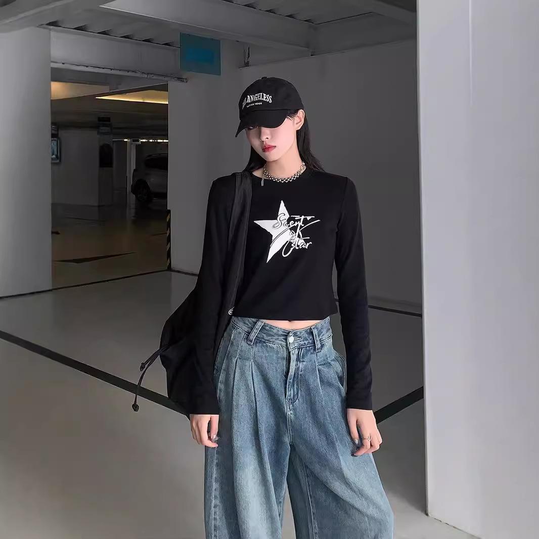 

Женская осенне-зимняя футболка с длинным рукавом, круглым вырезом, облегающего кроя, базовая, с принтом в виде звезды и букв, пуловер, кроп-топ для многослойности XL чёрный