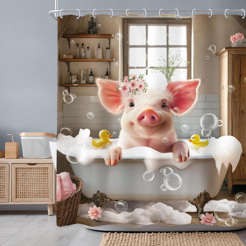 Funny Cow Shower Curtain with Western Bull & Donkey Design – Rustic Barn Door Farm Animal Bathroom Decor