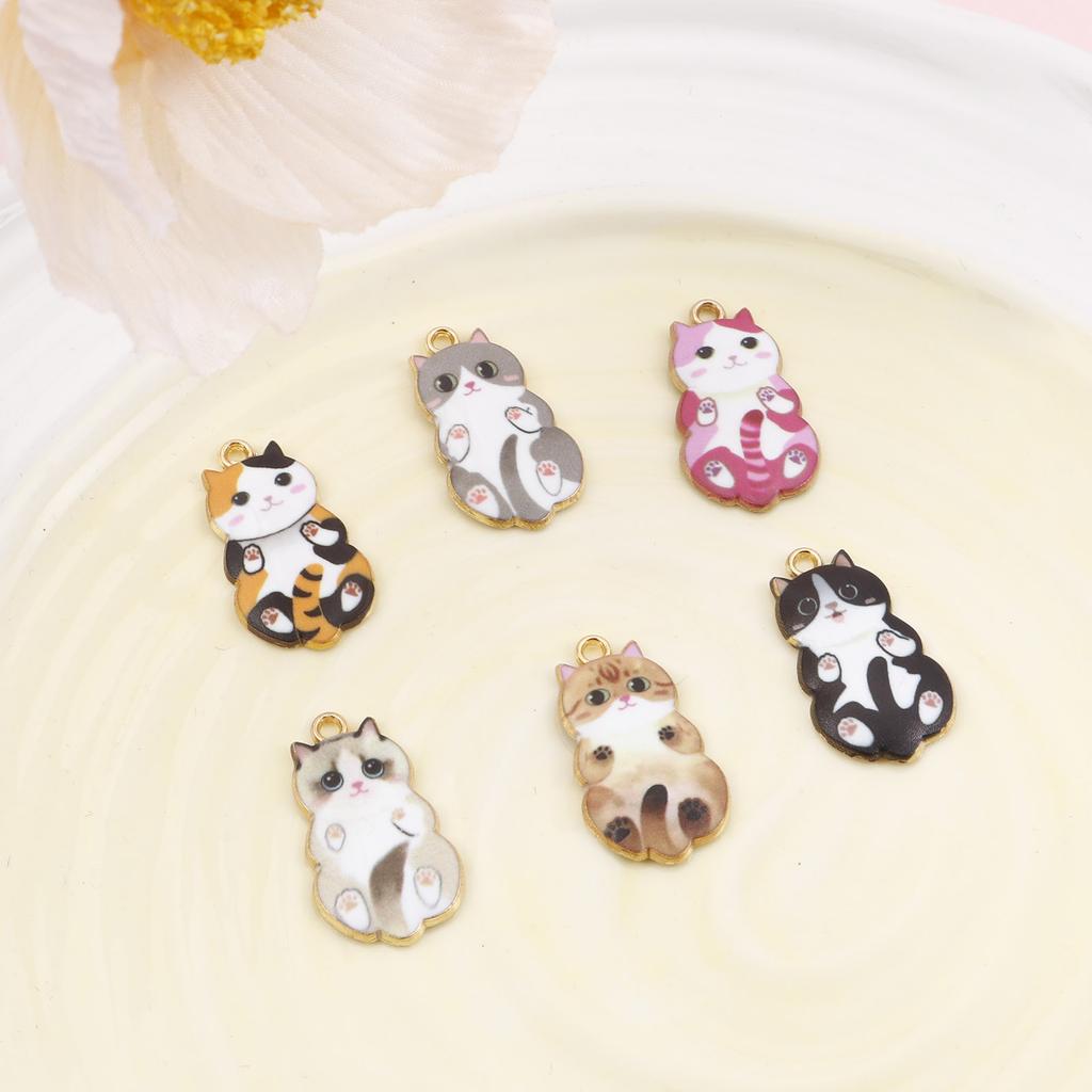 10PCs Cute Cartoon Cat Charms Multicolor Animal Enamel Gold Color Metal Pendants DIY Necklace Bracelets Jewelry Making 25mmx14mm