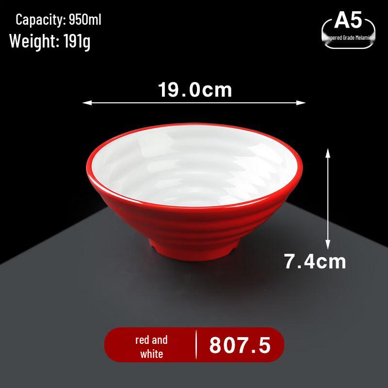 A5 Melamine 7.5-inch Noodle Soup Bowls (Red & White, 10-Pack)