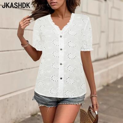 Women's Fashion Casual Summer Spring Solid Color Print Short Sleeve V-Neck Blouses & Shirts
