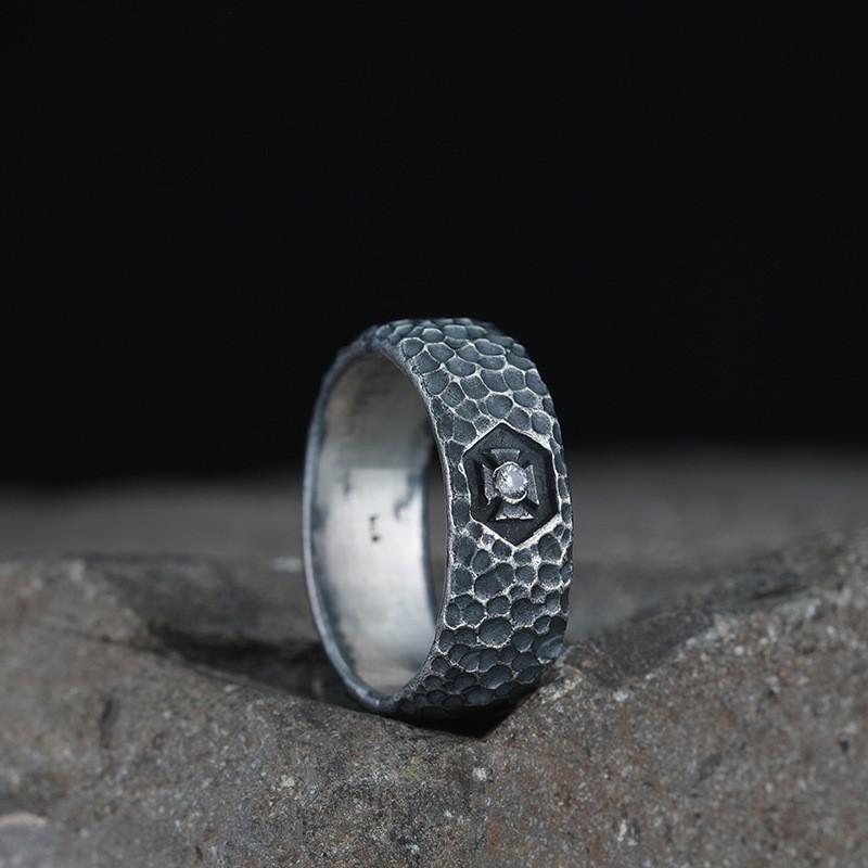Adjustable Hammered Texture Ring Men Women Sterling Vintage Geometric Open Finger