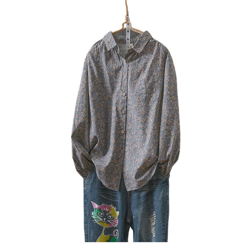Women's Small Floral Cotton Linen Long Sleeve Shirt - Artistic Casual Spring/Autumn Outerwear