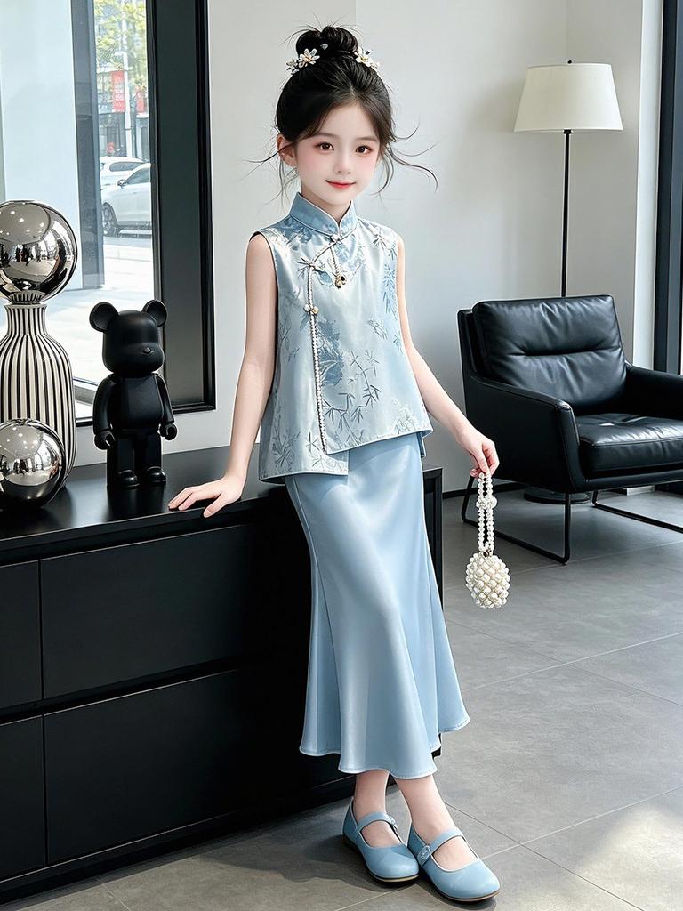 Set Top Qipao Estivo 2026 per Ragazze con Motivo di Bambù e Gonna a Sirena in Raso