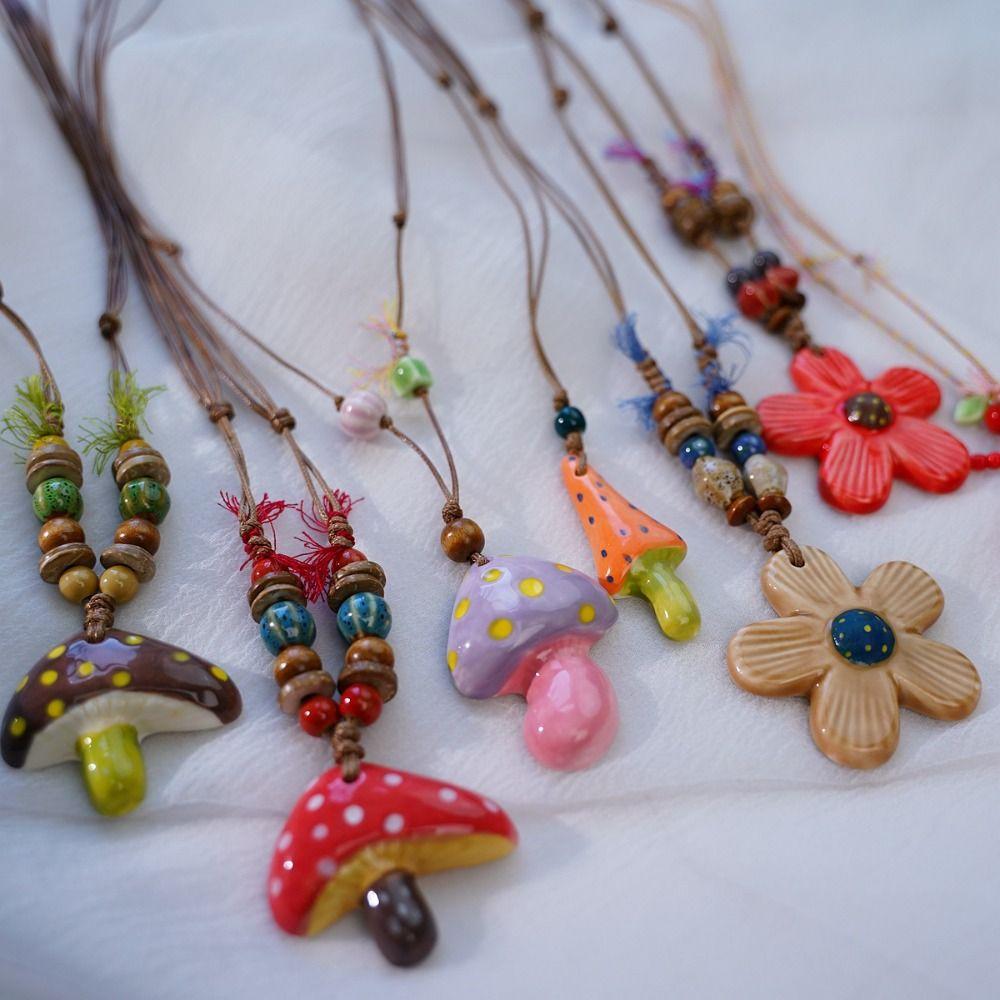 Hand-painted Mushroom Pendant Necklaces Small Flower Sweater Chain Necklaces Gift