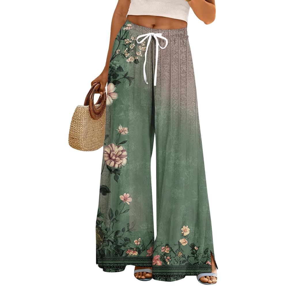 Damen Lockere Lässige Hose mit Blumenmuster, Weitem Bein, Elastischem Bund, Kordelzug und Taschen