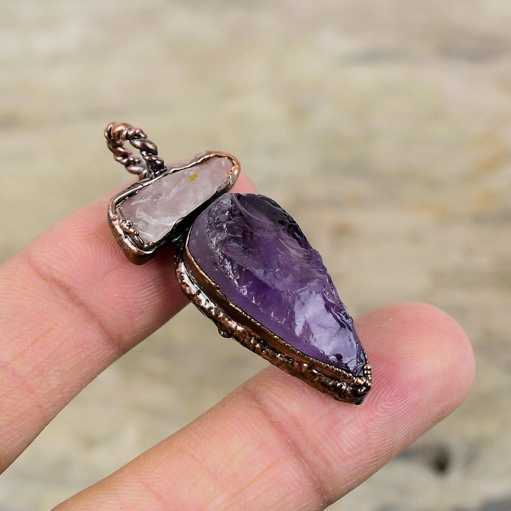 African Amethyst Rough Pendant Rose Quartz Rough Pendant Electroformed Copper Pendant Electroformed Gemstone Jewelry Engagement Gift For Her