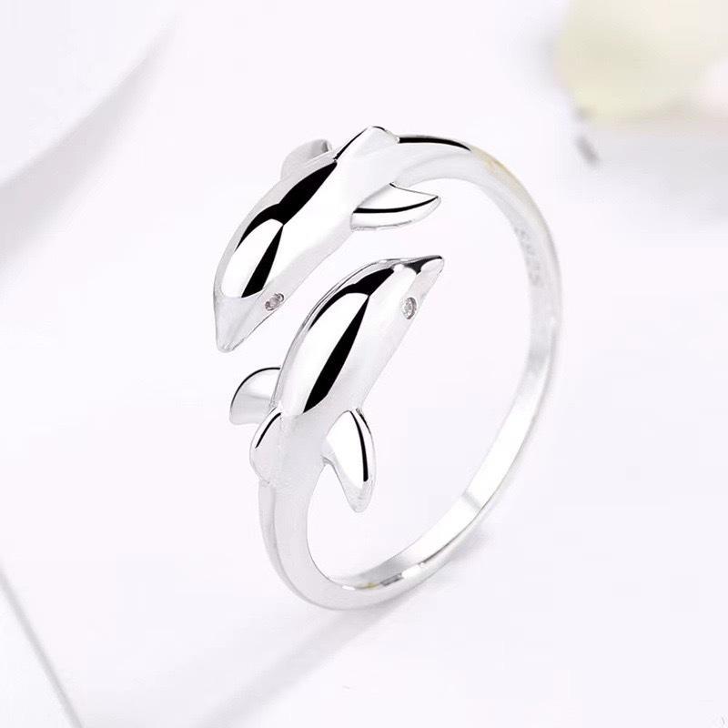 S925 Sterling Silver Double Dolphin Adjustable Open Ring for Women - Cute Japanese Korean Animal Design Open Adjustable