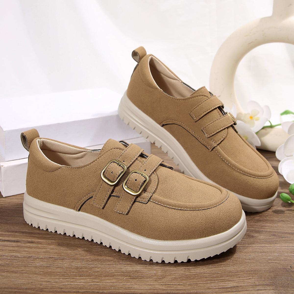 

Women s Retro Comfortable Loafers Autumn New Net Red Belt Buckle Round Toe Fashion Single Shoes 43 абрикосовий