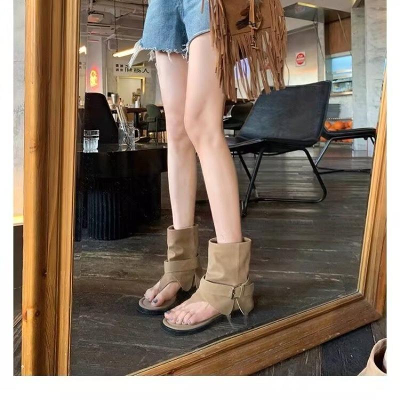 Fashion Toe Cool Boots Cover Boots Women's Summer New Leather Fashion Round Head Herringbone Locomotive Sandals