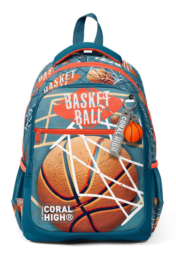 Tříkomorový školní batoh Coral High Kids Nefti Orange Basketbalový vzor 23651