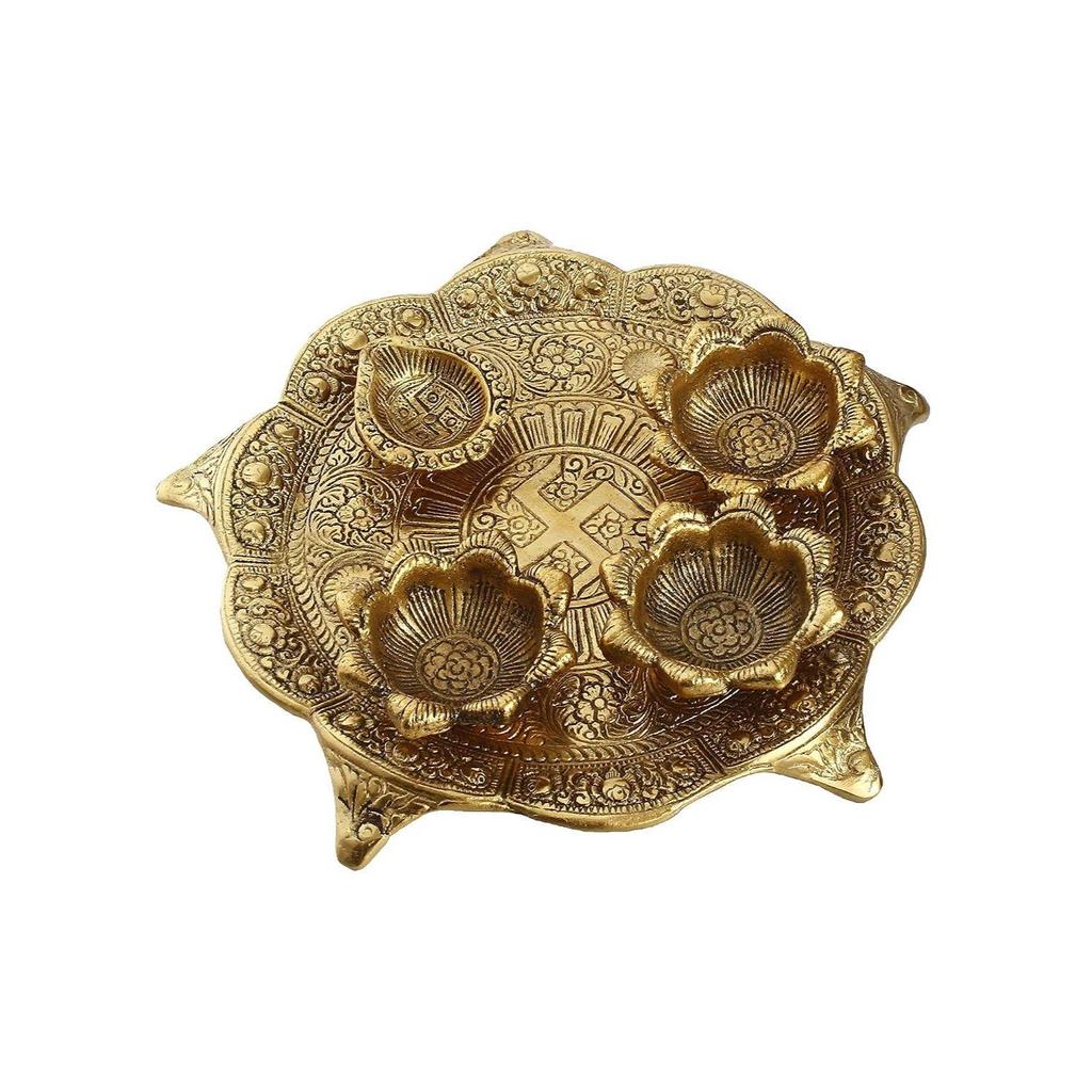 CraftIndia Golden Metal Swastik Designer Pooja Thali With 3 Bowls And 1 Diya