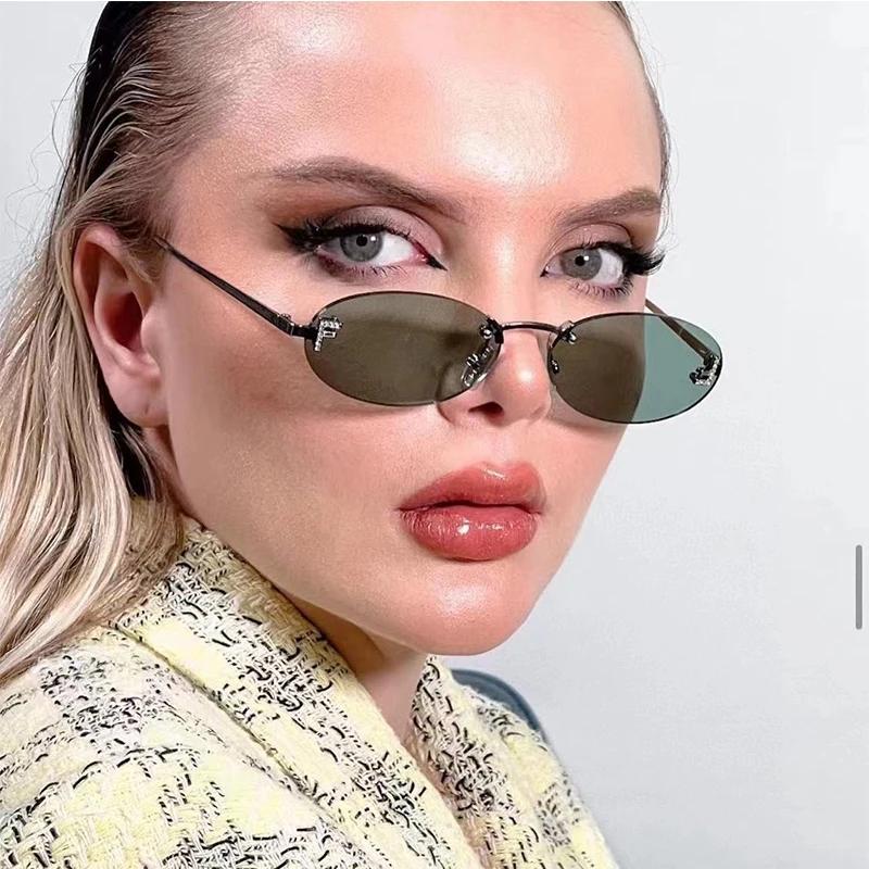 Cat Eye Trendy Oval Sunglasses for Women Rimless Driving Outdoor Shopping Shades UV400 Vintage Letter Design Eyewear