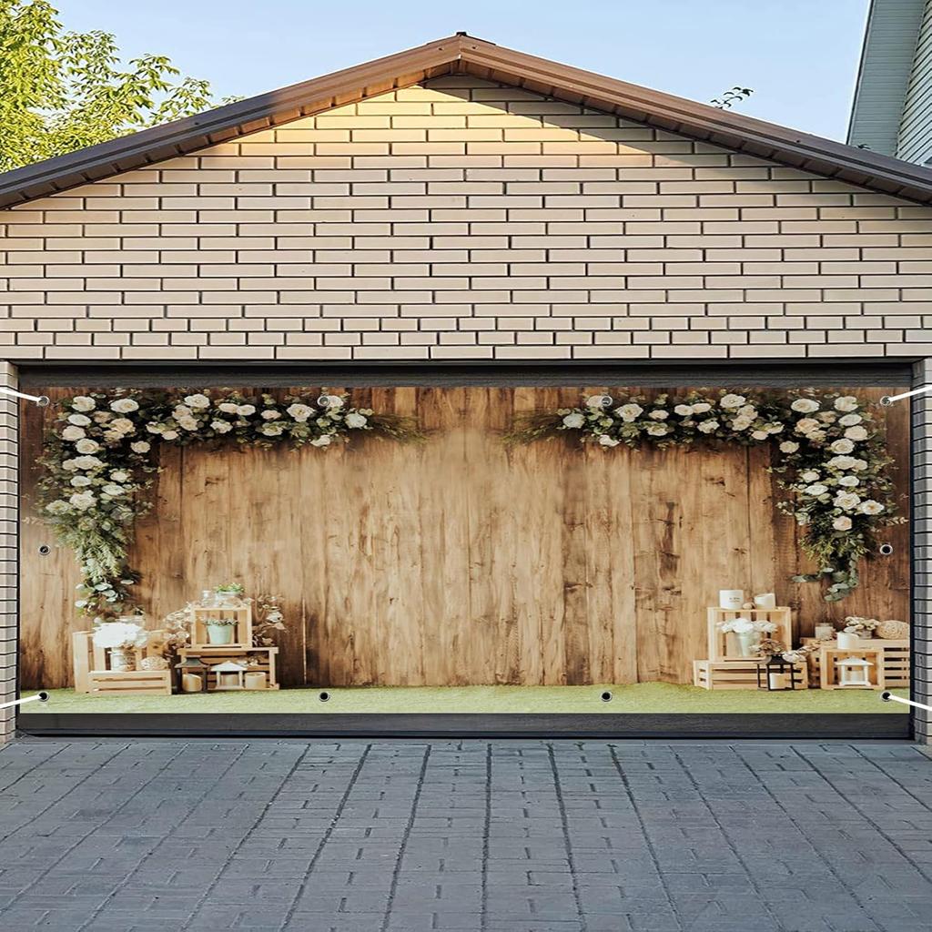 CSFOTO 7x16ft Floral Wood Wall Garage Door Decoration Banner Vintage Brown Country Theme Garage Decoration Mural Outdoor Indoor Bridal Shower