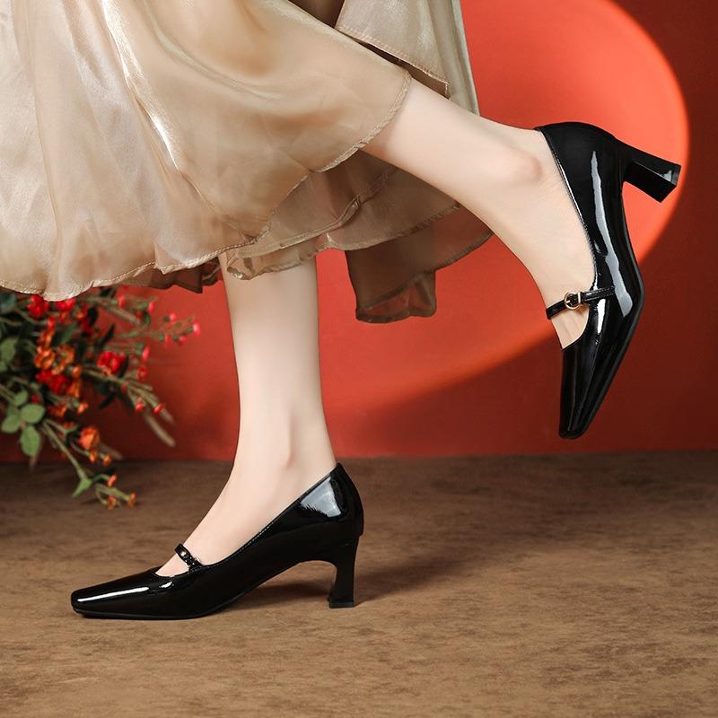 Sexy Sheepskin High Heels New Square Head Temperament Patent Leather Single Shoes Thick Heel