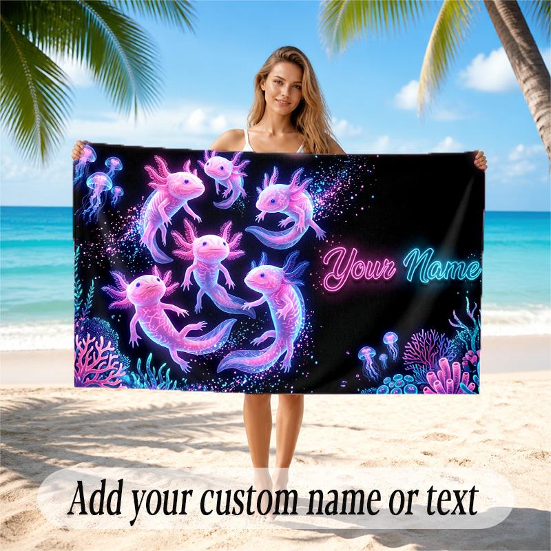 Axolotl Theme Quick Dry Beach Towel Custom Name Text Print Large Sand Resistant Towel Beach Vacation
