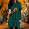 New In Autumn Zipper Cat Print Plus Size Dress Women O'neck Long Sleeves Casual Pocket Dresses