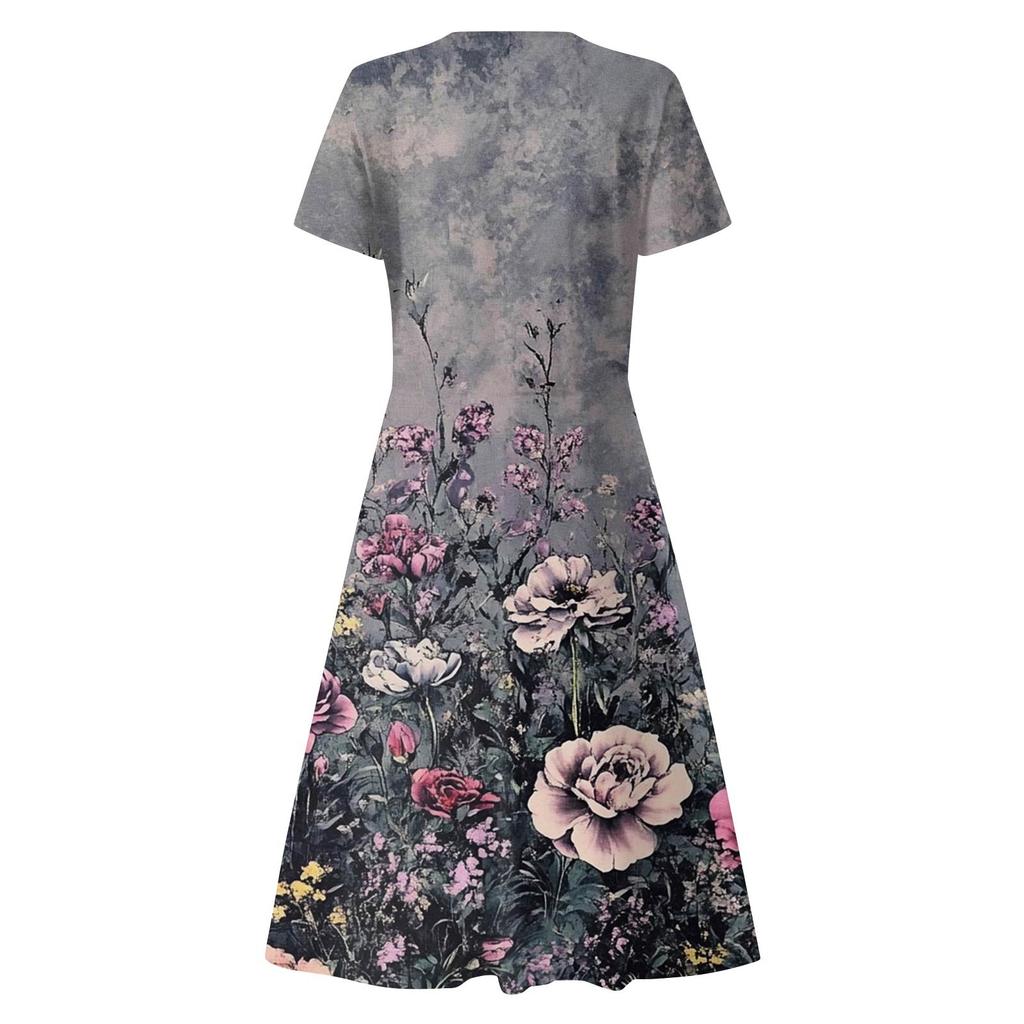 Women's Summer Casual Fashion Print Pocket Short Sleeve V-Neck Swing Dress