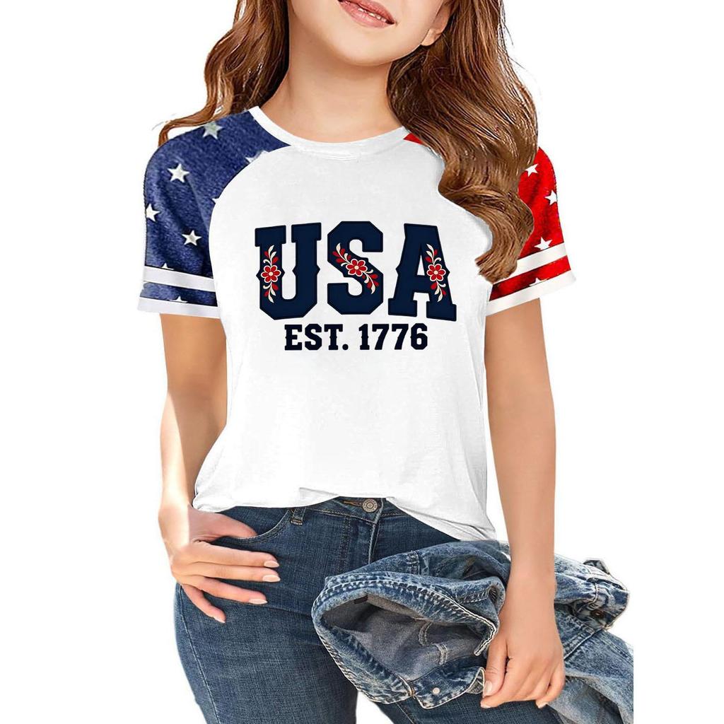 Kids Independence Day Print Crew Neck Short Sleeve Casual T Shirt Lightweight Comfortable Summer Tee Top for Boys Girls