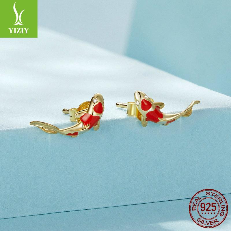 Czerwone kolczyki Koi ze srebra próby 925 dla kobiet, modne, proste, platynowane, temperamentne kolczyki sztyfty Sce812