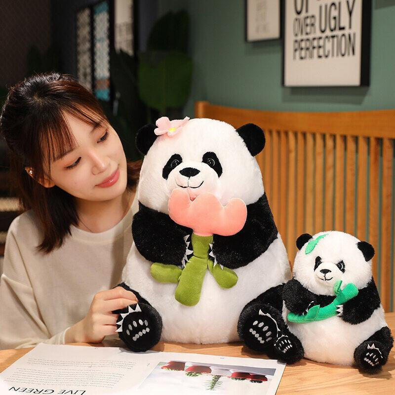 Cute Sitting Panda Plush Toy Holding Bamboo Drinking Milk Tea Panda Doll Holding Flowers Panda As a Child's Gift