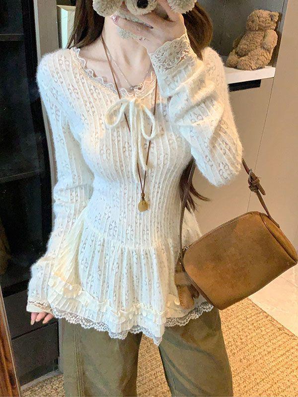 Korean Style Sweet V-neck Slim-Fit Long-Sleeve Women s Top Medium бежевый