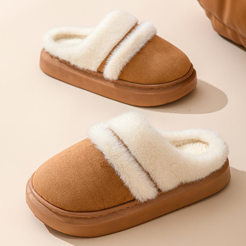 Women's Fluffy Plush Cotton Slippers - Fashionable Buckle, Anti-Slip, Super Warm, Non-Shedding, Thick Sole, Furry Autumn/Winter Style.