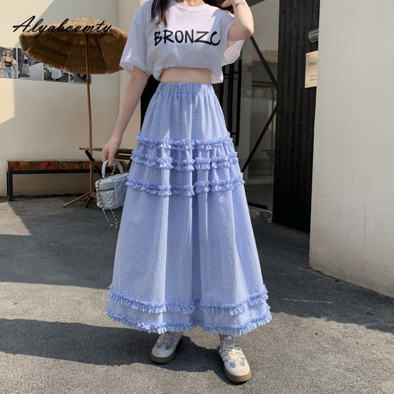 Korean Style Spring Summer Women Midi Skirt Elastic Waist Black Blue Plaid Ruffles Skirt Elegant Feminine Ladies' Basic Skirts Womens