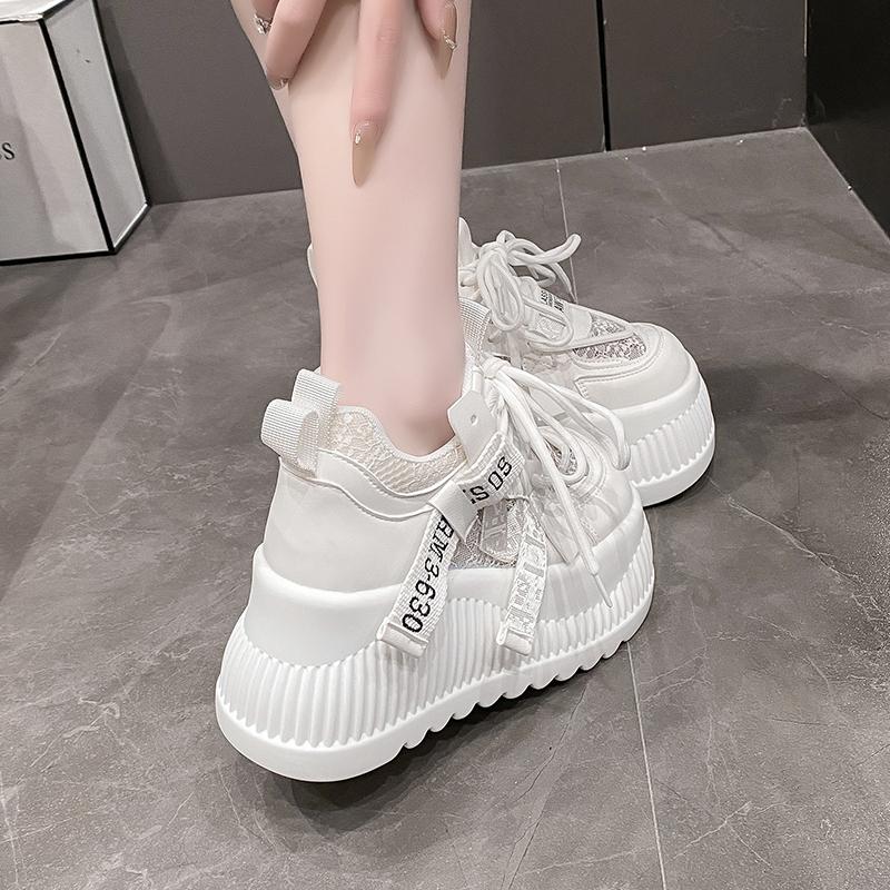 Fashion Women's Dad Shoes 8cm Height Increase Spring Summer New Style Lace Breathable Platform Thick Bottom Net Surface White Shoes