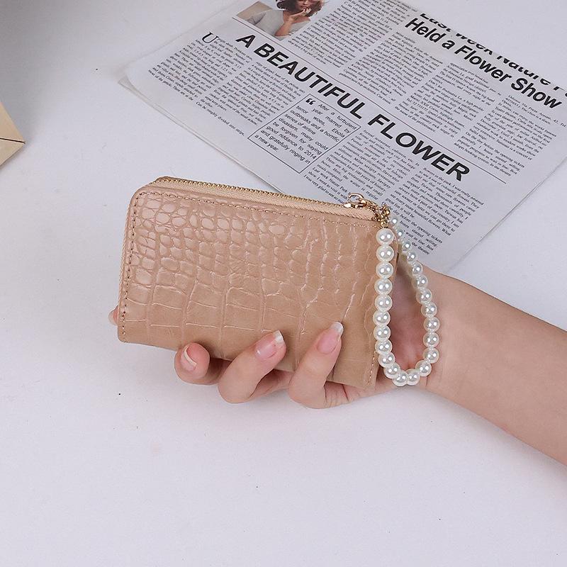 Women's Korean Style Short Wallet with Pearl Chain, Stone Texture, Card Slots, and Money Clip