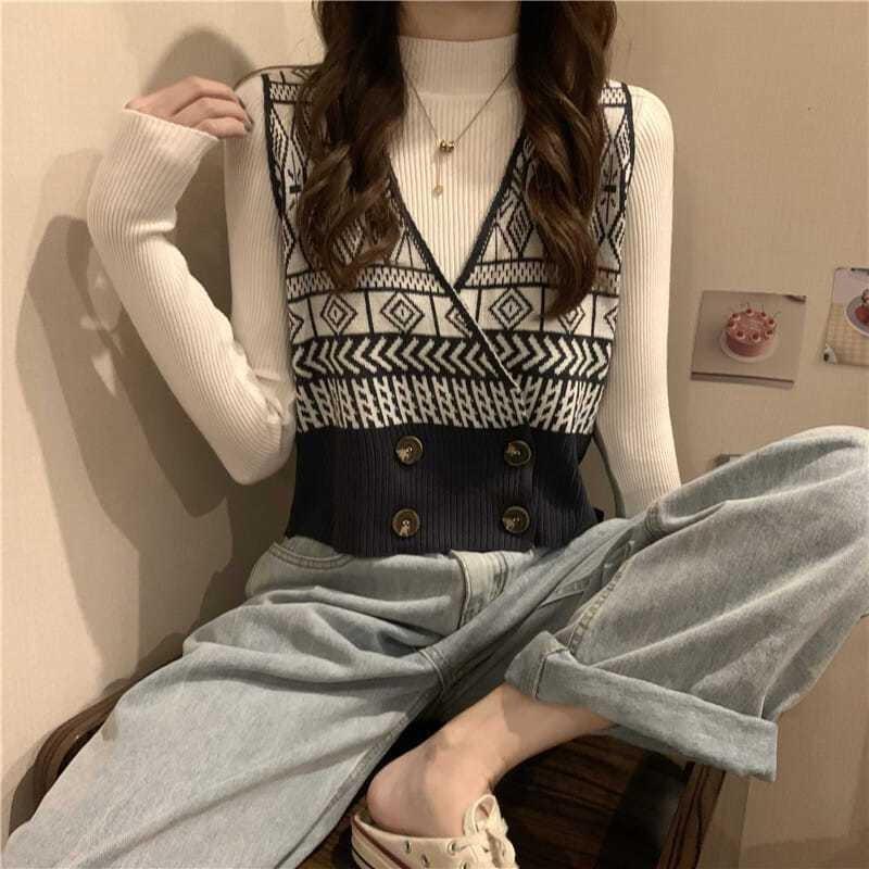 Vintage V-neck Vest Sweater Cardigan Outerwear Women Sweater Autumn 2023 Casual Loose Short Outerwear Sweater Vest Female Top