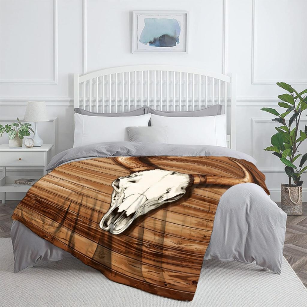 1pc Wooden Bull Skull Pattern Flannel Blanket Rustic Western Style Soft Warm Throw for Bedroom Living Room Decor