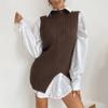 Women V-neck Solid Color Casual Half High Collar Sleeveless Vest Vintage Knitting Sweater