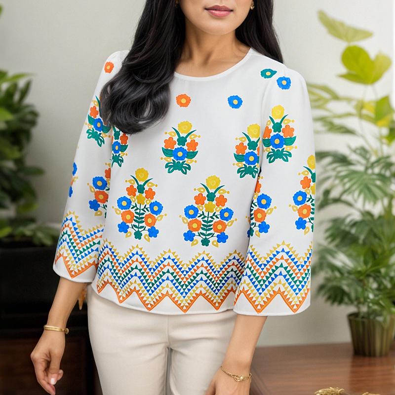 ZANZEA Women Casual Round Neck 3/4 Sleeve Loose Summer Print Blouse