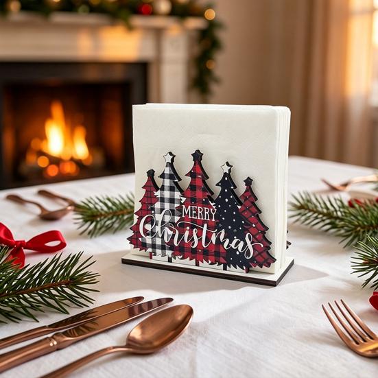 Holiday Napkin Dispenser Christmas Holder, Wooden Tissue Dispenser, Cute Santa Claus Xmas Vertical Paper Towel Storage Tree Freestanding Cocktail