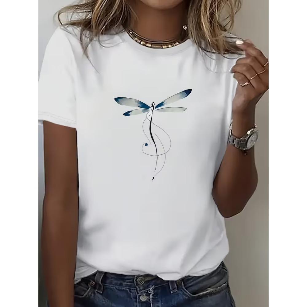 Aquarell Libelle Grafik T-Shirt Damen Halsausschnitt Kurze Ärmel Weich Bequem für Naturfreunde Boho Tägliches Tragen
