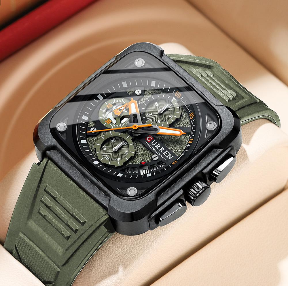 CURREN 8461 Men's Square Sports Watch with Silicone Strap and Multifunctional Six-Needle Calendar