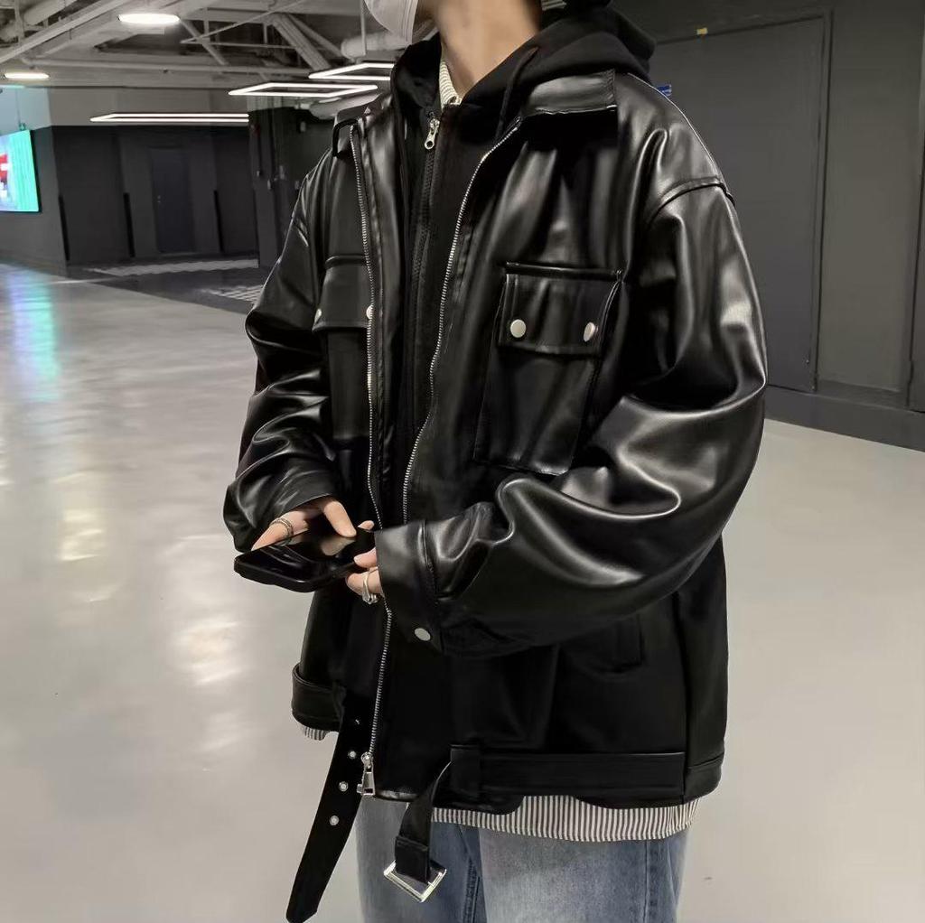 Men's Retro Double Zipper Hooded Leather Jacket - Autumn/Winter Trendy Motorcycle Style