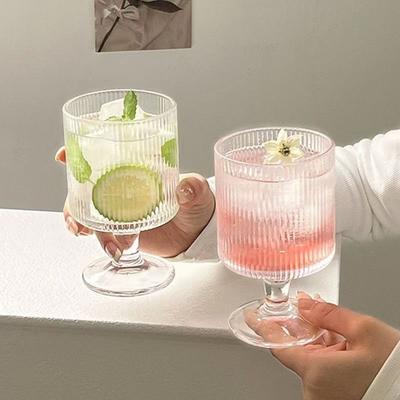 2pcs/4pcs Nordic Style Vertical Stripes Goblet,Transparent Ice Cream Yogurt Dessert Cup,Stylish Household Glass Cup, Drinkware