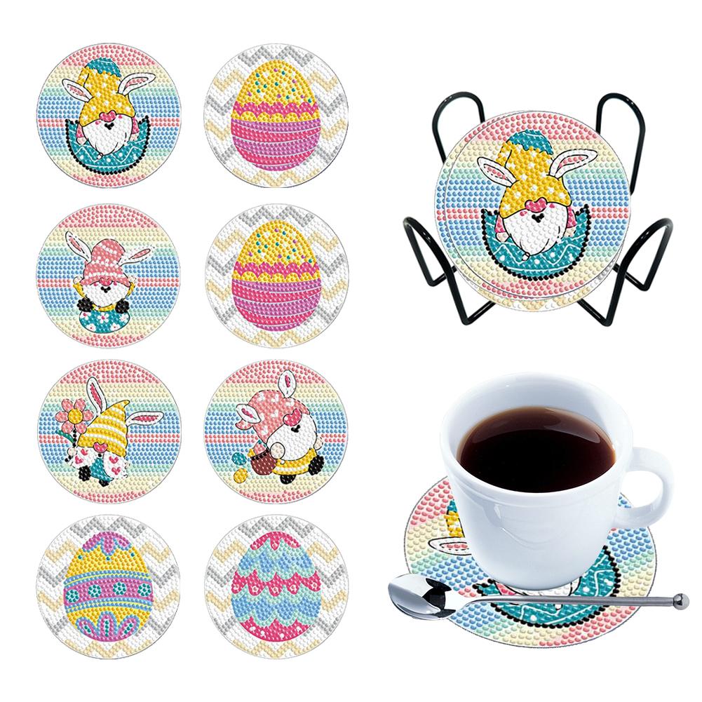 8PCS Full Drill Diamond Coaster Acrylic Round Diamond Painting Crafts Coaster Pink Gnome for Adults Kids Beginner Gift Supplies