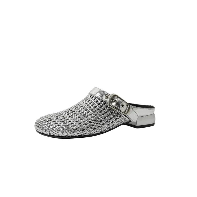 Fashion 2025 New Summer Women Mules Leather Women Shoes Round Toe Chunky Heel Microfiber Weave Sandals Cover Toe Women Slippers