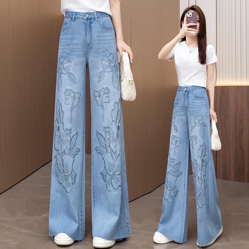 Women's High-Waisted Light Blue Denim Wide-Leg Pants with Rhinestone Embroidery - 2026 Spring/Autumn Chinese Style Slimming Casuals